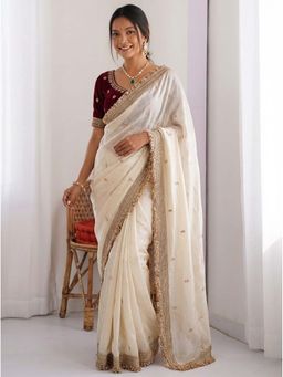 Kalista Fashion - Off White Embroidered Saree with Unstitched Blouse