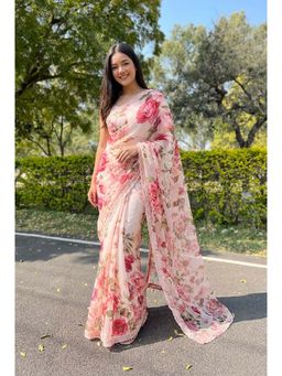 Kalista Fashion - Pink Floral Saree with Unstitched Blouse