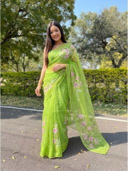 Kalista Fashion - Green Floral Saree with Unstitched Blouse