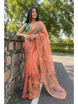 Kalista Fashion - Orange Floral Saree with Unstitched Blouse