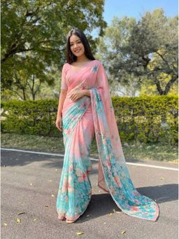 Kalista Fashion - Pink Floral Saree with Unstitched Blouse