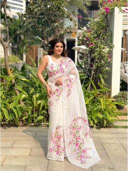 Kalista Fashion - White Floral Saree with Unstitched Blouse