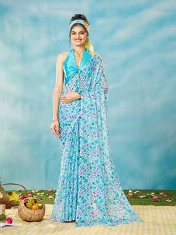 Garden VARELI - Blue Floral Saree with Unstitched Blouse
