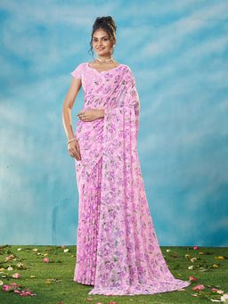 Garden VARELI - Pink Floral Saree with Unstitched Blouse