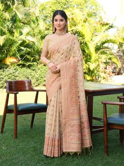 Tikhi Imli - Beige Woven Saree with Unstitched Blouse