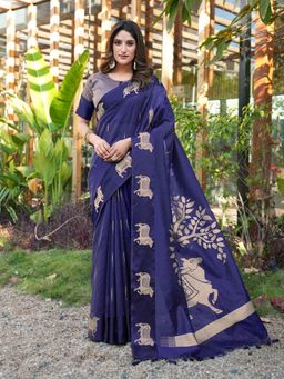 Tikhi Imli - Blue Animal Print Saree with Unstitched Blouse