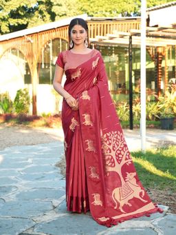 Tikhi Imli - Red Animal Print Saree with Unstitched Blouse