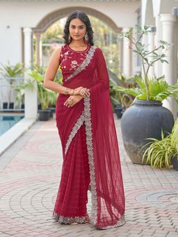 Tikhi Imli - Pink Embroidered Saree with Unstitched Blouse