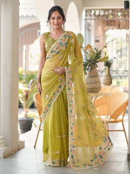 Tikhi Imli - Green Embroidered Saree with Unstitched Blouse