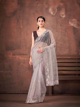 Tikhi Imli - Grey Embroidered Saree with Unstitched Blouse