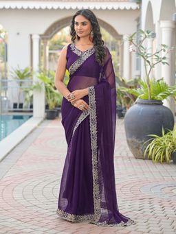 Tikhi Imli - Purple Embroidered Saree with Unstitched Blouse
