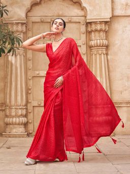 Tikhi Imli - Red Printed Saree with Unstitched Blouse