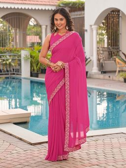 Tikhi Imli - Pink Embroidered Saree with Unstitched Blouse
