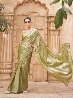 Tikhi Imli - Olive Printed Saree with Unstitched Blouse