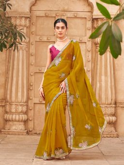 Tikhi Imli - Yellow Embroidered Saree with Unstitched Blouse