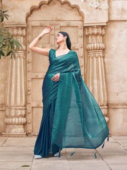 Tikhi Imli - Teal Solid/Plain Saree with Unstitched Blouse