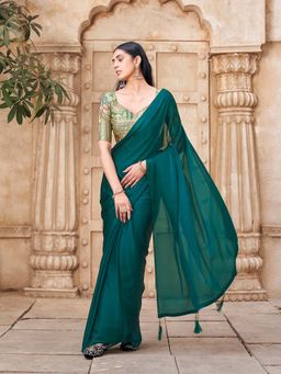 Tikhi Imli - Green Solid/Plain Saree with Unstitched Blouse