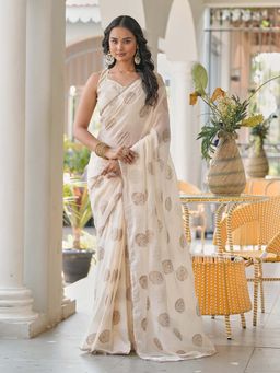 Tikhi Imli - Cream Printed Saree with Unstitched Blouse
