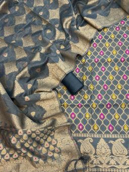 APAAPI THREADS OF GLORY - Grey Unstitched Top Wear with Bottom Wear and Dupatta (Set of 3)