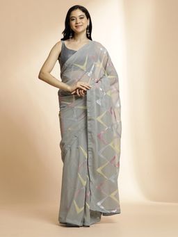 Jaipur Kurti - Grey Pure Georgette Party Wear Sequin Work Saree with Unstitched Blouse