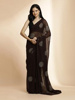 Jaipur Kurti - Brown Party Wear Georgette Sequin Work Saree with Unstitched Blouse