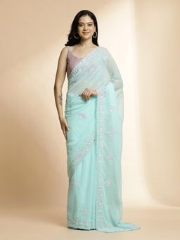 Jaipur Kurti - Blue Pure Georgette Sequin Embroidered Saree with Unstitched Blouse