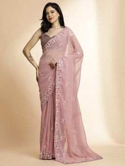 Jaipur Kurti - Pink Pure Georgette Sequin Embroidered Saree with Unstitched Blouse