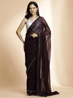 Jaipur Kurti - Wine Pure Georgette Sequin Embroidered Saree with Unstitched Blouse