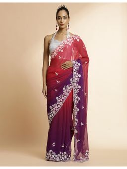 Jaipur Kurti - Wine Sequin Work Shaded Pure Georgette Saree with Unstitched Blouse