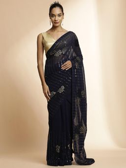 Jaipur Kurti - Navy Blue Sequin Embellished Georgette Heavy Saree with Unstitched Blouse