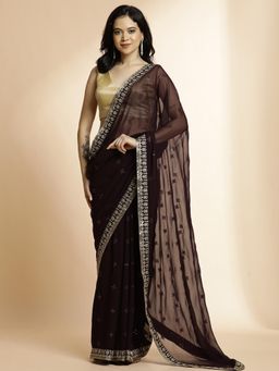 Jaipur Kurti - Party Wear Sequin Work Wine Georgette Saree with Unstitched Blouse