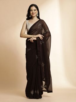Jaipur Kurti - Party Wear Sequin Work Brown Georgette Saree with Unstitched Blouse