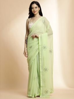 Jaipur Kurti - Green Pure Georgette Sequin Work Saree with Unstitched Blouse