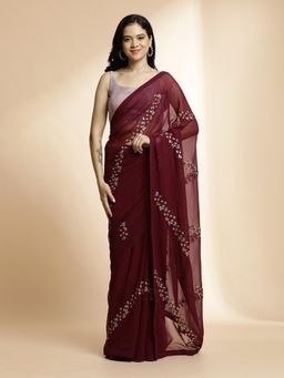 Jaipur Kurti - Maroon Sequin Work Party Wear Fancy Saree with Unstitched Blouse