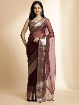 Jaipur Kurti - Wine Woven Khadi Organza Saree with Unstitched Blouse