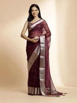 Jaipur Kurti - Burgundy Woven Sequin Embellished Khadi Organza Saree with Unstitched Blouse