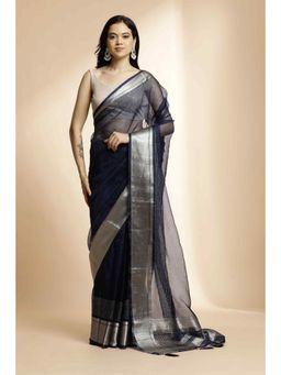 Jaipur Kurti - Navy Blue Woven Design Khadi Organza Saree with Unstitched Blouse