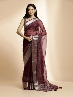 Jaipur Kurti - Wine Woven Design Khadi Organza Saree with Unstitched Blouse