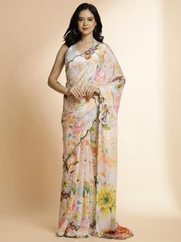 Jaipur Kurti - Multicolour Floral Pure Georgette Mirror Work Saree with Unstitched Blouse