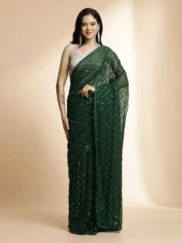 Jaipur Kurti - Green Pure Georgette Party Wear Sequin Work Saree with Unstitched Blouse