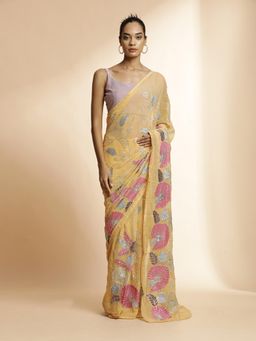 Jaipur Kurti - Yellow Pure Georgette Party Wear Sequin Work Saree with Unstitched Blouse