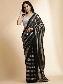 Jaipur Kurti - Pure Georgette Sequin Work Heavy Black Saree with Unstitched Blouse