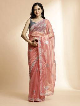 Jaipur Kurti - Pink Net Party Wear Sequin Work Saree with Unstitched Blouse