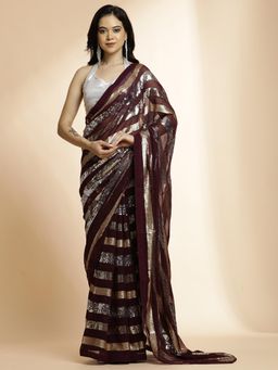 Jaipur Kurti - Wine Pure Georgette Sequin Work Heavy Saree with Unstitched Blouse