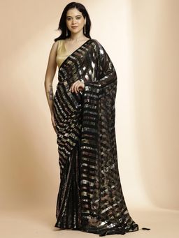 Jaipur Kurti - Georgette Sequin Embroidered Black Saree with Unstitched Blouse