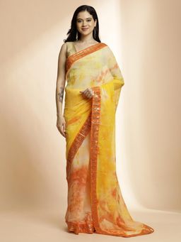Jaipur Kurti - Yellow Poly Chiffon Printed Sequinned Saree with Unstitched Blouse