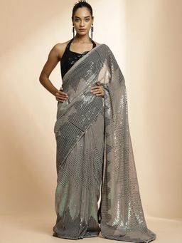 Jaipur Kurti - Grey Pure Georgette Embellished Embroidered Work Heavy Saree with Unstitched Blouse