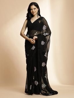 Jaipur Kurti - Black Pure Georgette Sequin Embroidered Work Heavy Saree with Unstitched Blouse