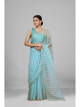 Aparnaa - Sky Blue Striped Embroidered Border Organza Saree with Unstitched Blouse