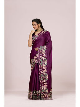 Aparnaa - Wine Aubergine Silk Swan and Floral Embroidery Saree with Unstitched Blouse